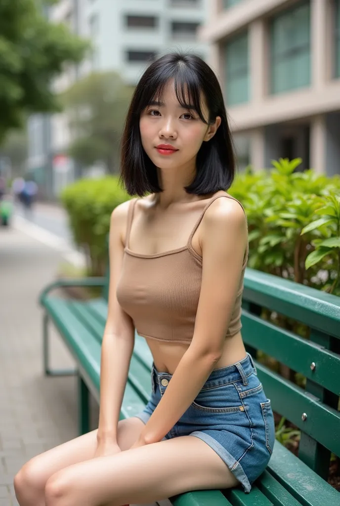 A Thai beautiful slender woman with fair skin and short straight black-blown hair, she is not smiling, little breasts, wearing a light brown crop top and denim short jeans. She's sitting on a green bench. The scene is set in an urban area with buildings an...