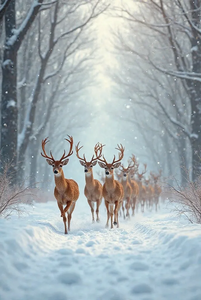 Many deers are running in the winter forest