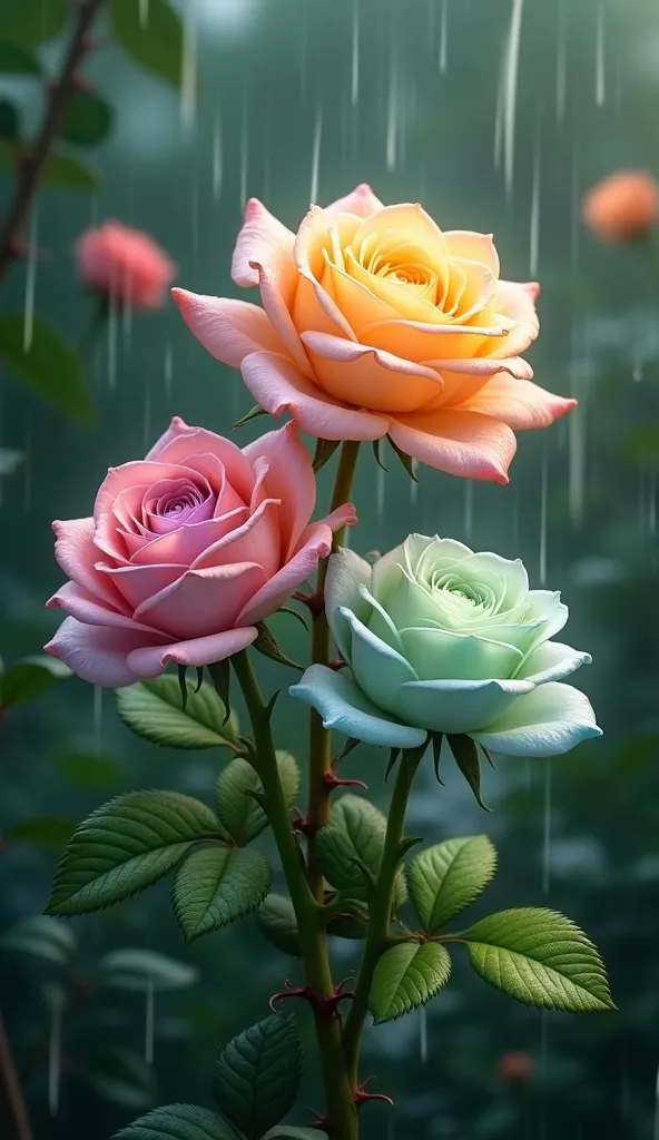 Three vibrant roses, positioned vertically in a lush, rain-drenched garden scene.  The roses display a gradient of colors, with one being a blend of pastel yellow and peach, another a mix of light purple, pink, and peach, and the third a striking shade of ...