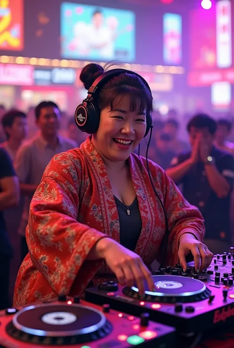 I'm DJing６０Japanese woman wearing plump Japanese clothes for her generation