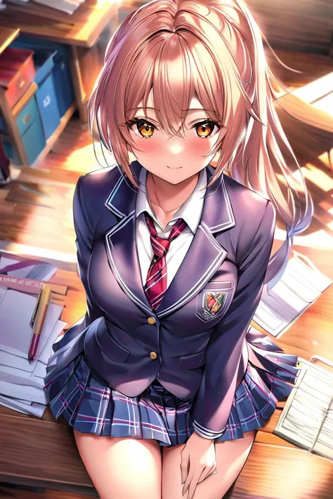 (TOP QUALITY:1.2,  Anime Artwork ,  anime style,   studio animation , very well detailed,  latest,  vibrant, anime coloring, high contrast,  masterpiece:1.2, TOP QUALITY,  BEST AESTHETICS),  blue plaid pleated skirt when you take off your bra :1.5, RED TIE...