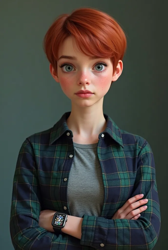 Create a female character, Lily Watson-Grint, the 18-year-old daughter of Rupert Grint and Emma Watson. Lily has short red hair, fair skin, piercing blue eyes, and a gaze that conveys an almost defiant seriousness. She wears a navy blue and green plaid shi...