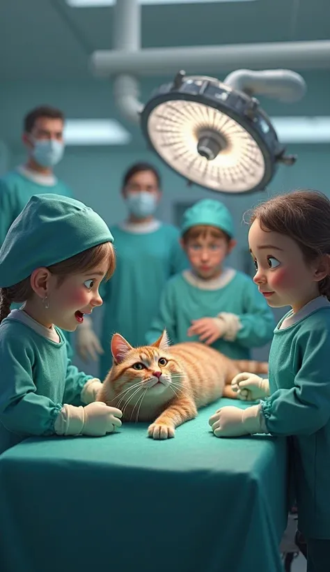 *"Inside a high-tech veterinary operating room, a pregnant mother cat lies on the surgical table, fully dressed in a tiny green surgical gown and a matching cap covering her ears. Her whiskers twitch in pain as she lets out a distressed cry. Bright surgica...