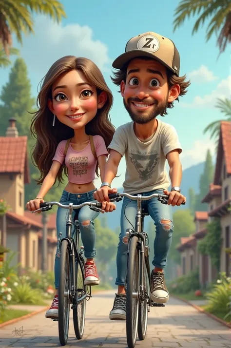 cartoon caricature of a couple cycling on a village road, Long-haired woman in the back wearing a t-shirt, tight jeans, sneakers, Man wearing a baseball cap with ZS written on it, distro t-shirt, ripped jeans, sneakers, caricature illustration, cartoon dig...