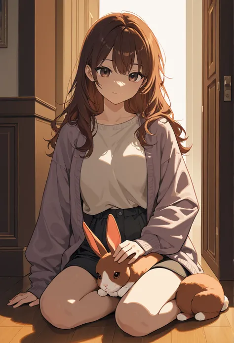 ((best quality)), ((masterpiece)), (detailed), perfect face, 1girl, women in her thirties, messy dark auburn hair, hazel eyes, sitting on the floor with pet rabbit