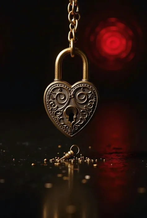 A captivating, illuminated image against a matte black background,  an antique heart-shaped padlock intertwined with a gold chain with a small old key far away, and red and gold reflections in the background.