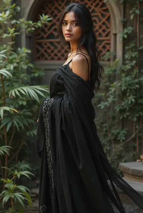 Make me a picture of a girl wearing a black saree 