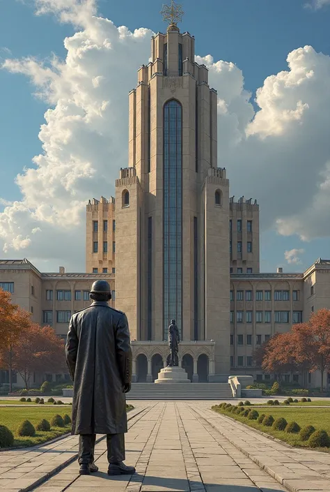 there is a statue of a man standing in front of a building, a statue by Alexander Fedosav, flickr, socialist realism, soviet town, monument, ground level view of soviet town, magical soviet town, lozhkin, west slav features, lenin, in style of kyrill kotas...