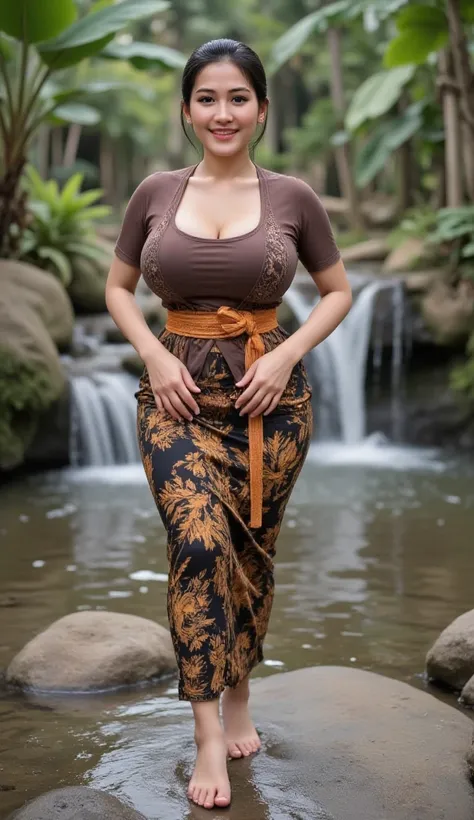 Realistic photo of an Indonesian woman seen up to her feet, curvaceous body, chubby and fat, using kebaya and batik skirt, face facing the camera.  Elegant elegant style elegant aesthetic . sexy butt, big ass and hips, Good Detail . stand sideways with ple...