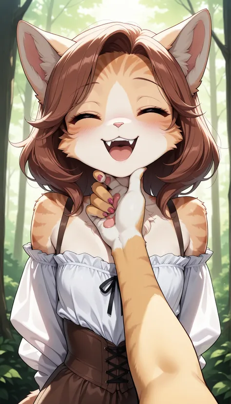 1 Beautiful Girl , cute fur , Furry, Cat face, Cat girl, medium hair, place your hand on your opponent's chin, (Alluring, smile, Very satisfied, open your mouth, tooth, Cat's paw, nail), anime style, ( small tits), petite body, very cute, (bust shot...