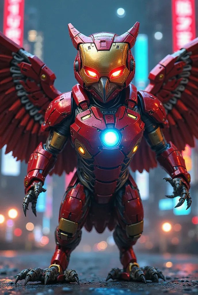 "An Iron Man-style mechanical owl clad in intense red and gold metal armor. It has a sharp, sleek metal beak and glowing red eyes that resemble LEDs, and its head is fused with the Iron Man helmet, giving it a streamlined, aerodynamic design. Its spread wi...