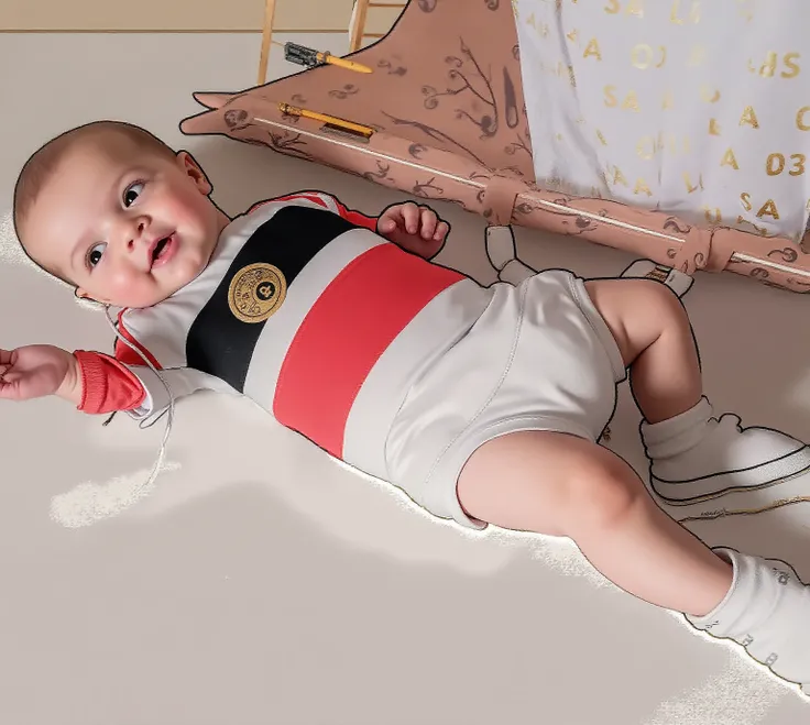 USE THE SAME PHOTO OF THE BABY AND CHANGE HIS CLOTHES FOR A PERSONALIZED OUTFIT FROM SÃO PAULO FUTEBOL CLUBE, in white, black and red .