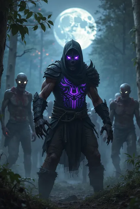 "A masked warrior, wearing a black armor with glowing purple tribal patterns, is surrounded by a horde of zombies in a dense jungle at night. His eyes glow in the dark as he assumes a combat stance, his sharp claws ready for battle. The undead, with rottin...