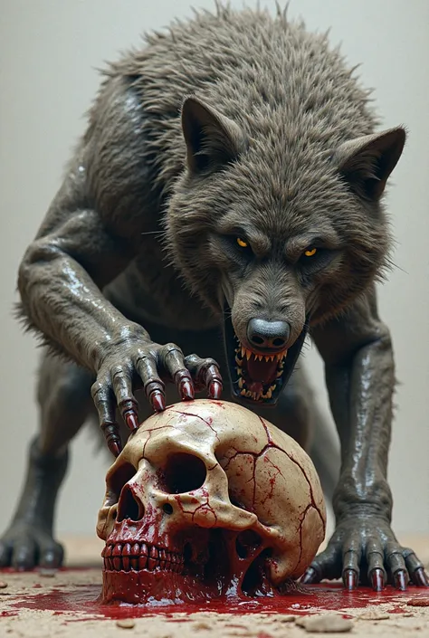 The walking wolf bites the blood-stained skull, giving the image the whole body with blank background 