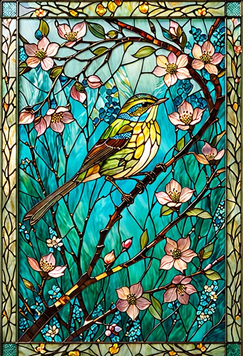 A breathtaking stained-glass artwork featuring a Japanese Bush Warbler perched gracefully on a blossoming branch. The bird's delicate olive-green plumage shimmers with intricate glass textures, reflecting soft golden hues. Surrounding the warbler are elega...