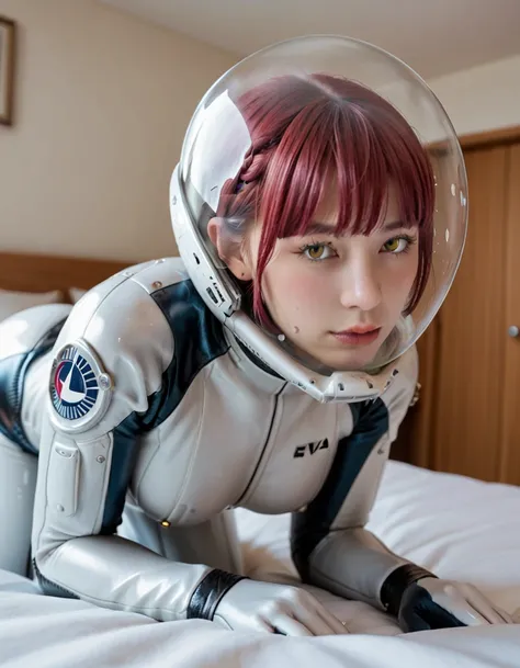 (spacesuit:1.15), , eva helm, eva helm,, space helmet masturbation, sweat, blushing, , looking at the audience,, indoors,masterpiece, best quality, 1girl, solo, {{{very short hair:1.7}}}, pread legs, , , short hair, ,(heart sayings:1.2)space helmet, space ...