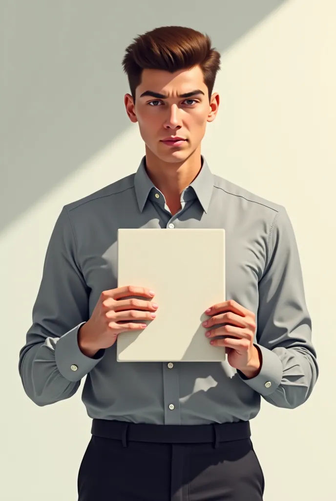 A man with short hair holding a rectangular paper on his chest 