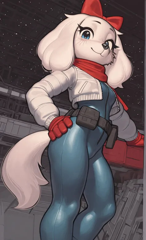 ((Fay Spaniel)), ((Starfox)), ((pixelsketcher)), ((wamudraws)), ((masterpiece)), ((high resolution)), ((solo portrait)) ((side view)), {(attractive figure), (beautiful legs), (white fur), (black nose), (floppy dog ears), (cute blue eyes), (long eyelashes),...