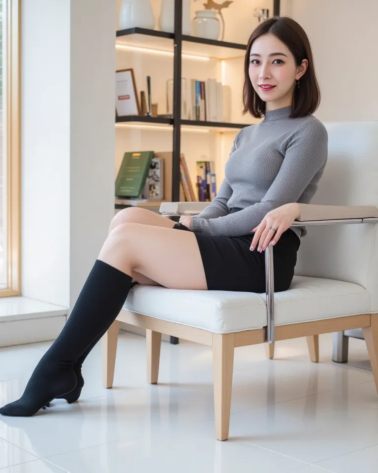 (     photorealism   :1.2)、 full body portrait 、Smelling black high  socks 。   beautiful日本人モデル、39;   thick legs、  woman  、39;   Office worker uniform    、   black high heels   、smile、Bench on the White Floor 、  Open your legs a little 。 super realistic thi...