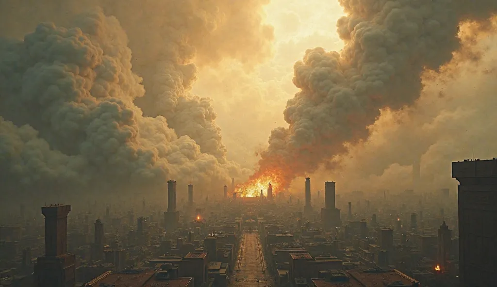 (Cut to an overhead view: the city engulfed in smoke, the landscape changing forever. make it look like in ancient time but not in egypt)