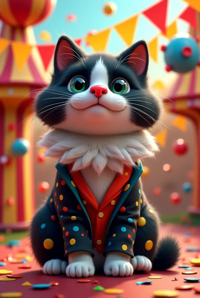 Black white fluffy cat sitting and wears a clown nose and wears a suit with colored dots, carnival and confetti background