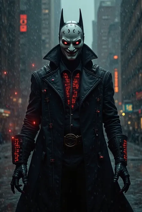 "Create a dark and technological villain called 'The Code Puzzer'. He wears a long, dark coat with luminous details in red that look like circuits or binary codes. His mask is white, with encrypted symbols and a sinister smile drawn. He has gloves with ret...