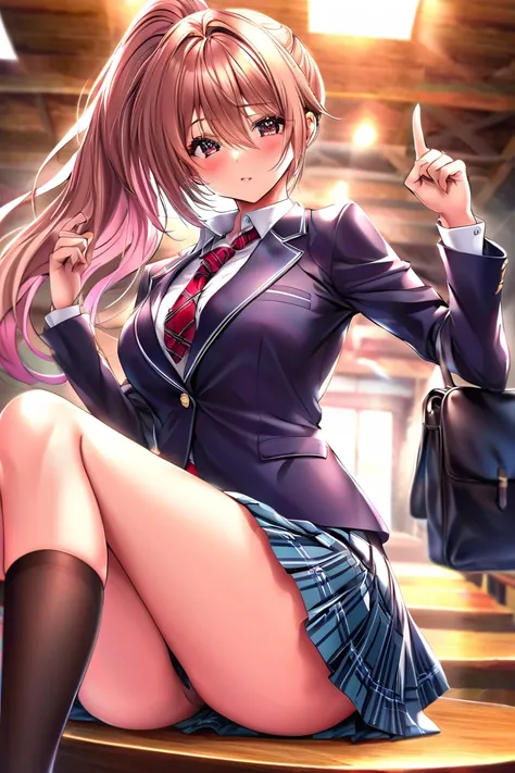 (TOP QUALITY:1.2,  Anime Artwork ,  anime style,   studio animation , very well detailed,  latest,  vibrant, anime coloring, high contrast,  masterpiece:1.2, TOP QUALITY,  BEST AESTHETICS),  blue plaid pleated skirt when you take off your bra :1.5, RED TIE...