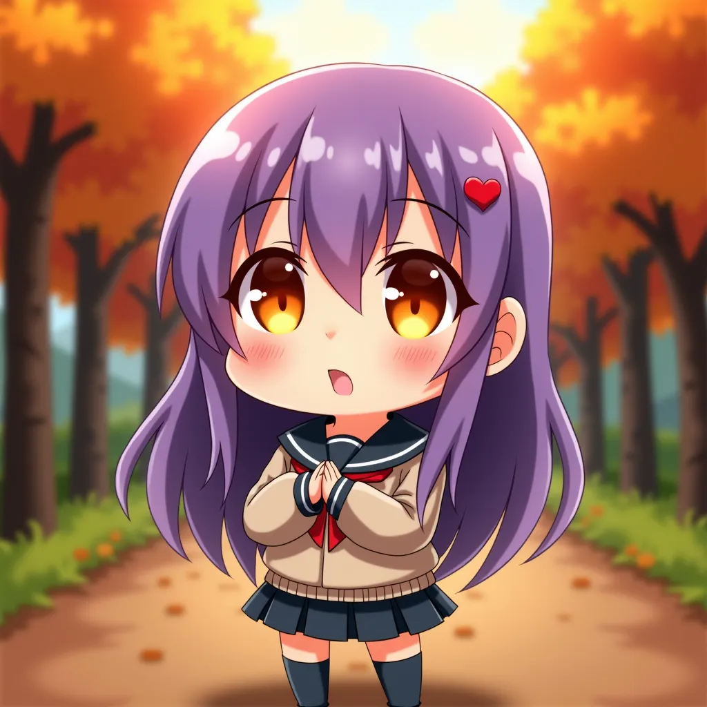 anime,small stature, purple hair, orange eyes, autumn forest background