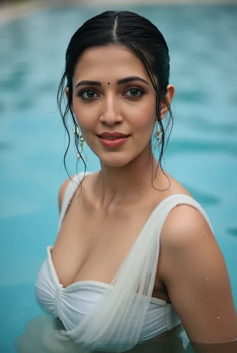 A woman is partially submerged in a crystal-clear pool, wearing a sleek, wet-look swimsuit that clings to her form. The waterline rests just below her chest, creating a striking contrast between the glistening wet fabric and her exposed skin. Droplets shim...