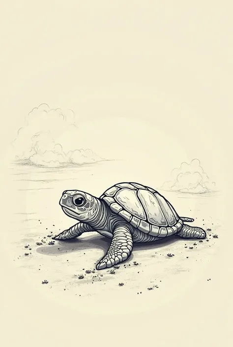 
33. Baby sea turtle crawling on the beach, thick clear outlines, no solid black shading or fine details, with a background.