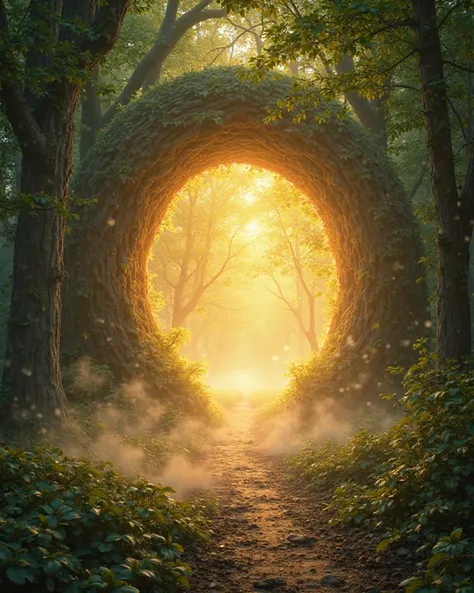 A mystical glowing portal opening in the middle of an enchanted forest, casting a warm golden light on the surrounding trees. The path beyond the portal is filled with soft mist, symbolizing the journey of wisdom. Ultra-realistic textures of leaves, light ...