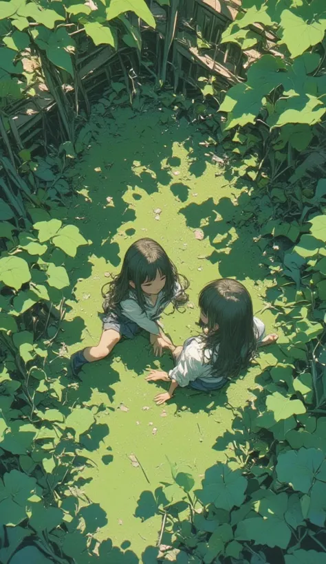 shot from above、 Fisheye 、Illustration of two high school girls in a garden with large leaves, Written by Yu Zhiding, Sheng Ma Yue, by Zou Yigui, by Xia Chang, Li Song, by Mei Qing, Li Tiefu,  Yoshida Chizuko , Aixuan, Illustration of two ren in a garden w...