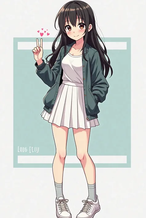  Anime woman, charming and beautiful and stylish,  light-skinned fringe, Dark brown eyes, long wavy and black hair, white top with short medium sleeve jacket sa forte with white curvy skirt with light gray socks and white sneakers