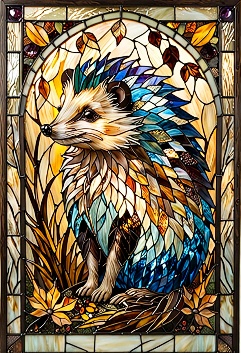 "A stunning stained-glass artwork featuring a single, adorable hedgehog as the focal point. The hedgehog gazes forward with big, expressive eyes, radiating curiosity and warmth. Its quills are intricately detailed, appearing sharp and lifelike with natural...