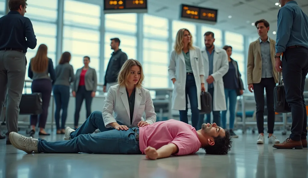 A bustling airport terminal with large windows letting in soft natural light. In the foreground, a man in a pink T-shirt lies on the floor, appearing to have fainted. Two female doctors in white lab coats kneel beside him, urgently checking his condition. ...