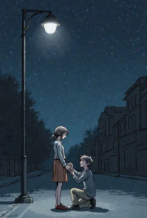 Here’s a more detailed **12-panel** version of *The Last Goodbye*, making the boy’s emotions even stronger.  

---

### **Title: *The Last Goodbye***  

#### **Panel 1:**  
(*A boy and a girl stand under a dim streetlight at night. The air feels heavy. The...