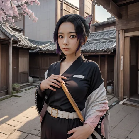 shinobu,  young woman with black hair , pale face and big eyes,  Serious and determined expression , firm stance, black kimono with red details, traditional Japanese city background with roofs,  paper lanterns ,  cherry blossoms,  golden sunset light , ani...