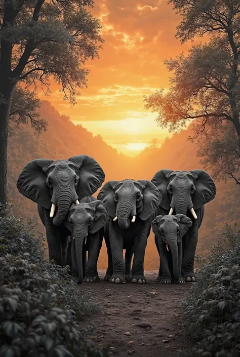 4 elephants in the middle of the jungle,  with a beautiful sunset , that represent a united family in black and white.  the horizontal image 