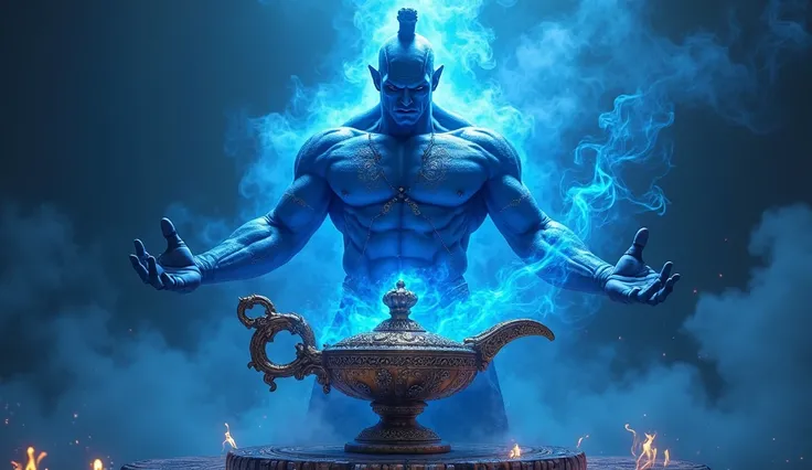 Make me an epic blue genie on a blue background of those genies that grant wishes and live in a lamp, that the genie is very creative, that it impacts, I want the genie to have character and generate a lot of confidence and desire, blue smoke, white and so...