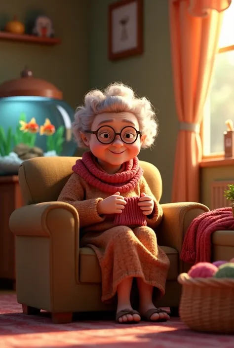 3d Pixar animation image, Grandma Lily, is 80 year old, with white curly hair, wearing round glasses. Grandma Lily sits on her couch, knitting peacefully with a soft smile on her face. Her glasses rest slightly down on her nose as she focuses on her work. ...