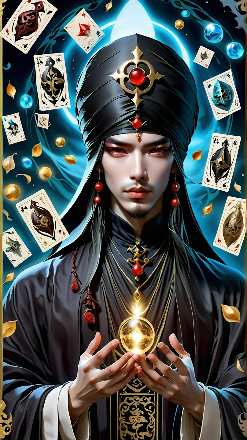 Onmyoji，Metal Picture Frame，card，tarot cards：1.37.The mystical fortune-teller is wearing a cloth on his head，Finger taps an array of tarot cards in the air， Mysterious Symbols and Elements ，Ancient Mysterious Atmosphere ，Realistic illustration ，exhaustive，...