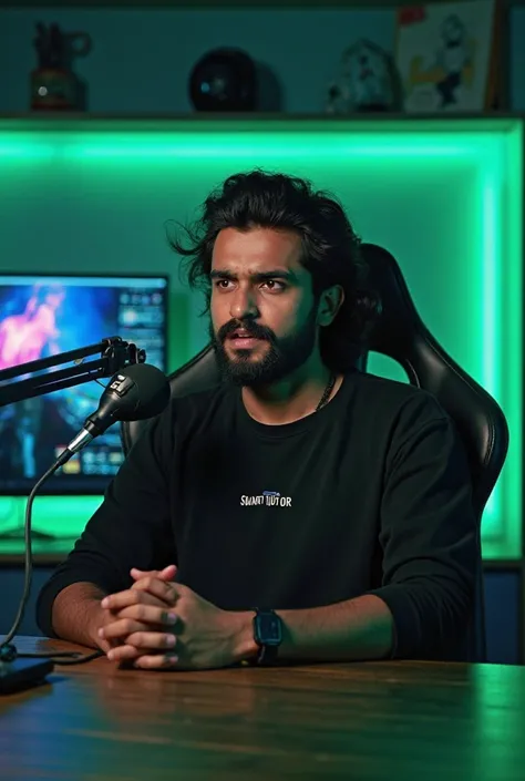 A 21 year old Indian boy sits in his YouTube studio on a modern gaming chair with a sigma personality and no smile on his face. The boy is sitting confidently and straight. The boy is in a seriously angry mood [**There is a table in front of the boy and on...