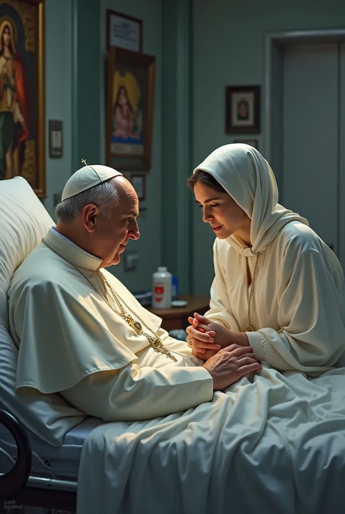 Ultra-realistic image of Pope Francis in the hospital while Our Lady is seated next to him, take care of him  