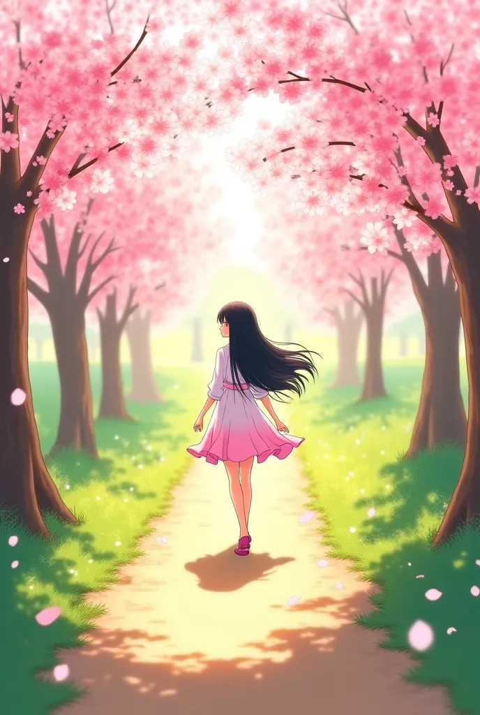 Anime illustration "A serene and enchanting spring scene featuring a dreamy pathway surrounded by lush greenery and vibrant cherry blossom trees in full bloom. A young woman in a flowing pastel pink and white outfit walks gracefully along the path, her lon...