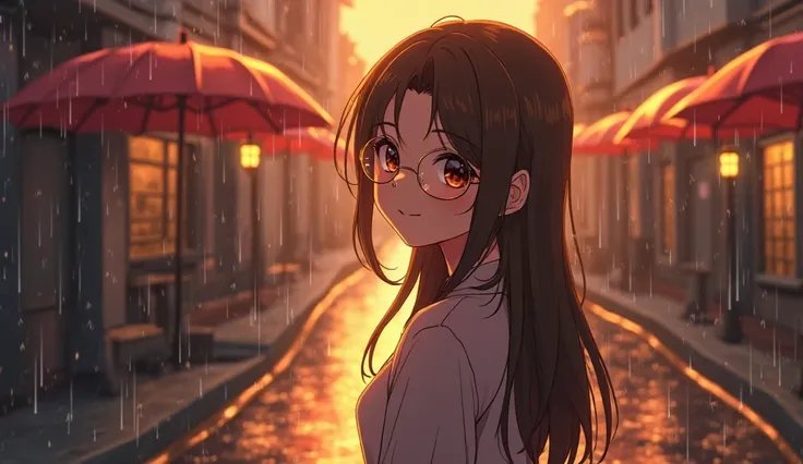  Anime style.  warm lighting . girl in round glasses with a gold frame with long brown hair with a parting in the middle.  brown eyes. quiet rainy alley with umbrellas - wet asphalt, Lanterns,  raindrops .  The atmosphere of calm .  Warm sunset . 