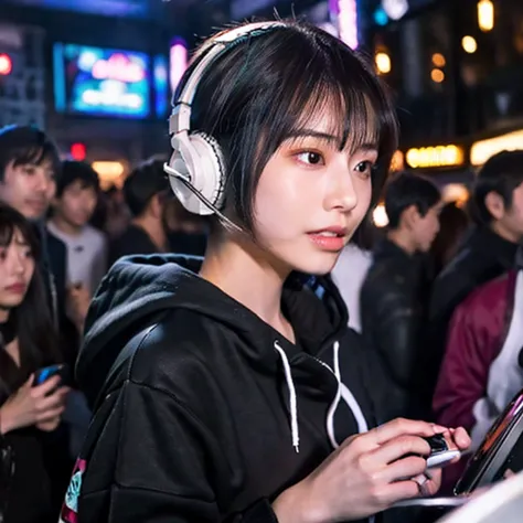 japanese woman,  dj, with headphone, in the club, cyber punk, kawaii, ((very short cut:1.2)), crowds around, hoodie