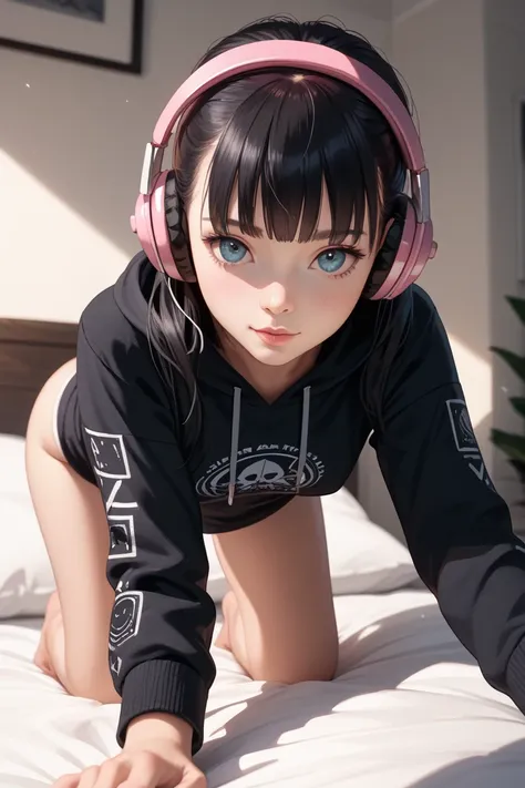  black hair、150cm、headphones、black hoodie、 lender small breasts、 small butt、Thin legs、delicate、 bed、 on all fours、A glimpse