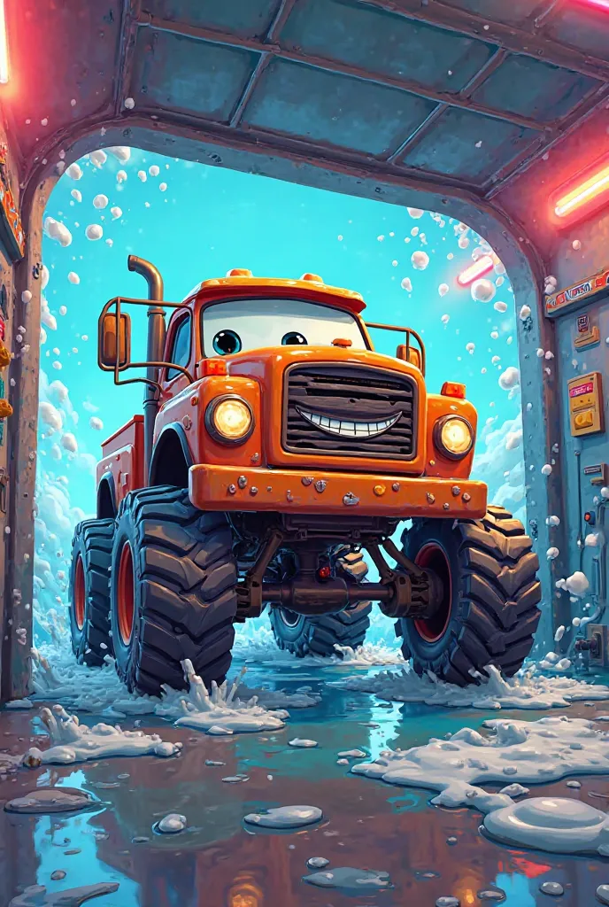 Make a cartoon truck being washed by a car wash