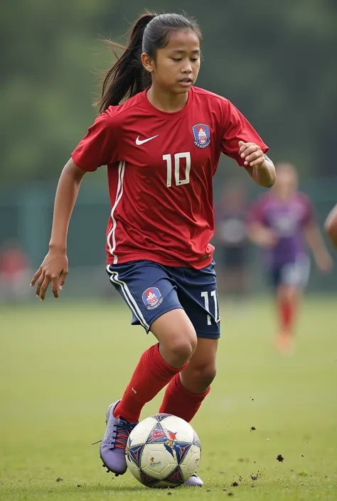 Aarya playing football: An image of Aarya in action on the field, showcasing her focus, skill, and determination. She could be dribbling the ball past opponents or taking a shot on goal. With Nepal's jersey 