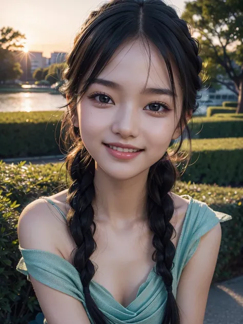 Japanese female elementary school student, , baby face, , hands behind back, park with lots of greenery at dusk, city, bare shoulders, bare belly button, smiling, braids